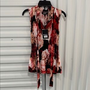 DKNY Red and White Sleeveless Tie Front Blouse